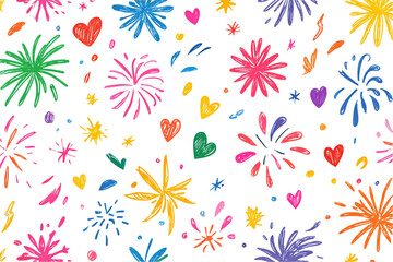 Colorful Fireworks and Hearts Pattern on Transparent Background, PNG