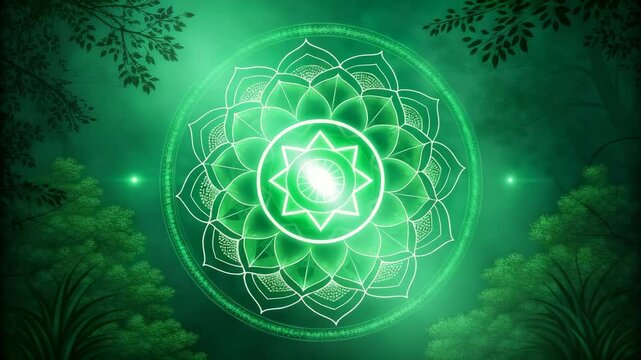 Serene Green Mandala Glowing Mystically in a Lush Forest Night Background perfect for meditation yoga spiritual wellbeing peace tranquility nature scenes