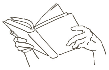 本を読んでいるシーンのイラスト。手と本。シンプルタッチ、ベクターイラスト素材。