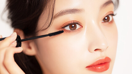 マスカラを塗る若い女性の目元アップ