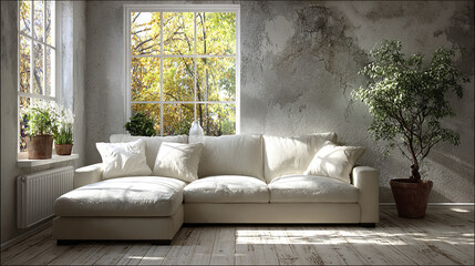 serene minimalist space featuring cozy L shaped couch, brightened by natural light