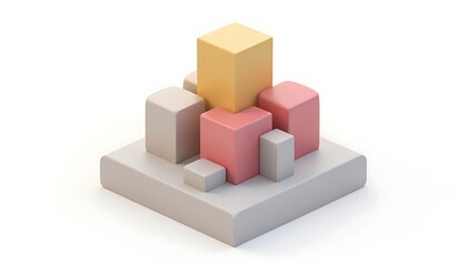 Fototapeta premium Geometric Pink Yellow Blocks Stacked on Gray Platform Isometric Design