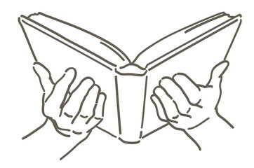 本を読んでいるシーンのイラスト。手と本。シンプルタッチ、ベクターイラスト素材。