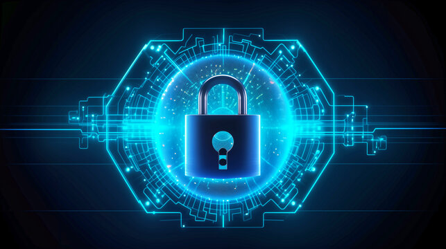 Cybersecurity Fortress: A vividly rendered digital illustration of a padlock, symbolizing security, encased in a high-tech circuit design. The bright blue glows, connoting protection, trust.