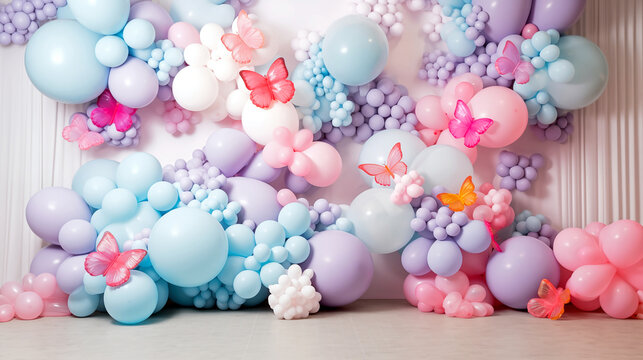 Balloons and Butterfly: A vibrant and enchanting display, balloons of varying sizes and soft hues, adorned with delicate butterfly accents, creates a whimsical and joyful atmosphere.