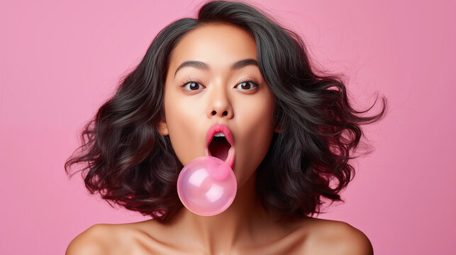 Bubblegum Bliss: A captivating portrait of a young woman mid-bubble, her eyes alight with mischief and charm. The image captures the playful spirit and simple pleasure. 