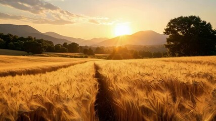 Golden wheat field at sunset with mountains in the background, creating a tranquil and scenic rural landscape - Powered by Adobe