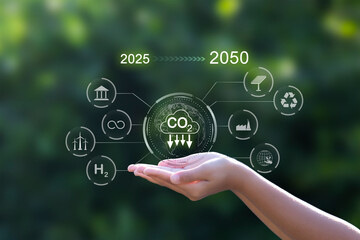 The carbon neutral concept reduces CO2 emissions, reducing global warming. Goal of net zero carbon...