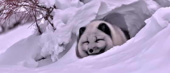 Arctic fox resting in snowdrift