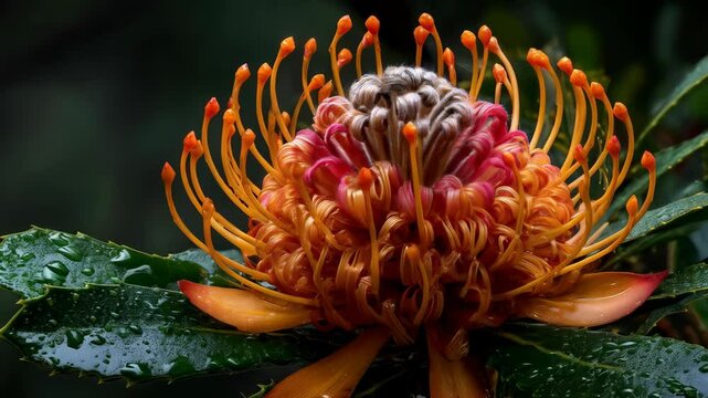 Dramatic close-up of a blooming orange and pink pincushion protea flower with water droplets on green leaves in dark setting.