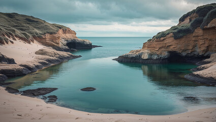 Fototapeta premium A scenic cove with turquoise water surrounded by rocky cliffs and a sandy beach on a cloudy day view