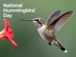 Fototapeta premium Rufous Hummingbird Hovering Near Red Flower with Green Background Open Wings Flying