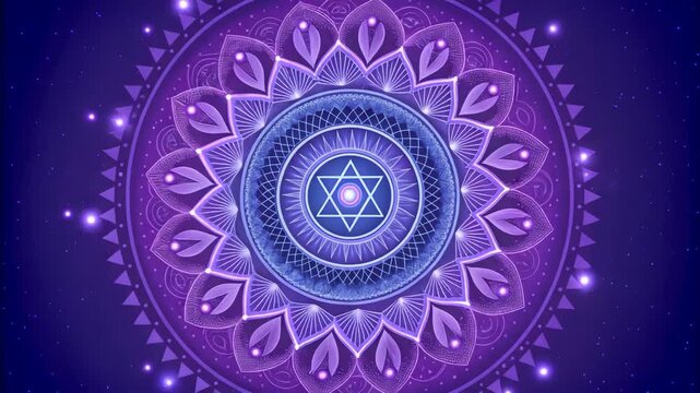 Stunning Purple Mandala Design Spiritual Background featuring intricate patterns and cosmic elements ideal for meditation yoga spirituality and wellness projects.