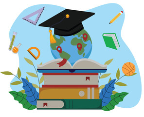 Welcome back to school. Illustration of open book with globe and education icon. Education illustration. elementary school