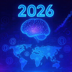 Futuristic digital representation of brain with circuit patterns, symbolizing artificial intelligence and technology year 2026. background features world map and various data visualizations