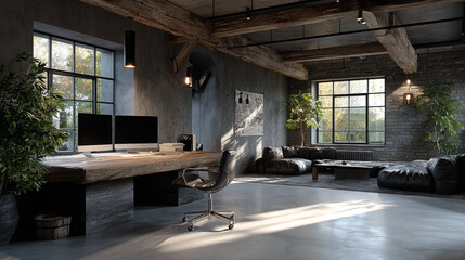 Fototapeta premium Interior view of a modern loft apartment with exposed beams and large windows and office space.