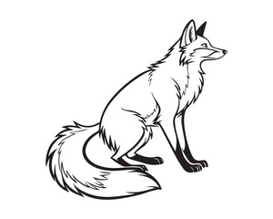 A black and white line drawing of a full fox in profile view isolated on transparent background.