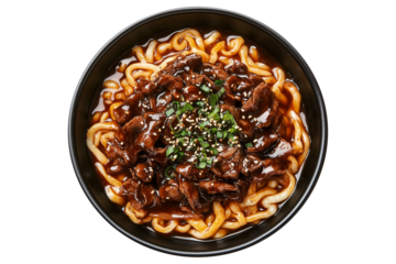 Korean black bean Jajangmyeon noodles with tender beef chunks, isolated on white transparent background, concept of Asian cuisine
