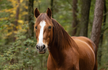 A chestnut horse with a white mark on its forehead, a brown mane and tail, standing in front of trees
