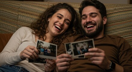 Joyful couple sharing instant photos on sofa at night