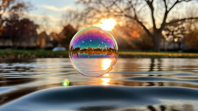 Crystal ball reflection on water at sunset landscape natural beauty