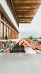 Hands playing synthesizer outdoors