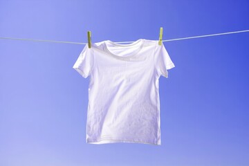 White T-Shirt Mockup Hanging on Clothesline Against Blue Sky for Apparel Presentation