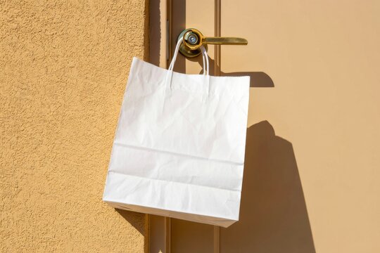 White Paper Bag Mockup Hanging on Door Handle for Delivery Service Advertisement