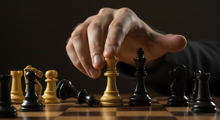 Close-up image of a human hand making a bold move with a golden king chess piece among black opponents on a wooden chessboard.