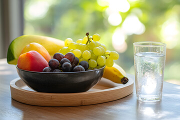 A bowl of fruit like grapes, melon, banana beside a glass of water on a wooden tray with natural morning light