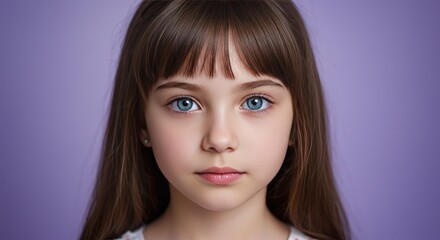 Cute Little Girl with Piercing Blue Eyes on Light Purple Background