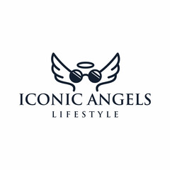 Minimalist Outlined Angel Wings with Sunglasses Elegant Logo Design