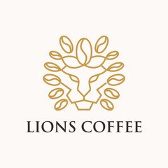 Minimalist Outline Lion Head with Coffee Bean Decorative Frame Logo