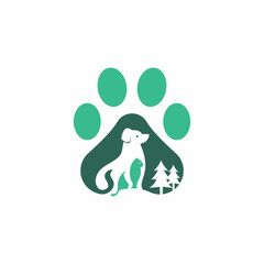 Flat Illustrated Dog Paw Print Silhouette with Trees Nature Element Logo