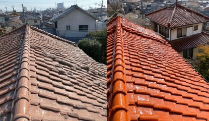 Roof tiles before and after cleaning renovation