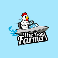 Funny Cartoon Chicken Driving Speedboat Nautical Illustration for Logo Design