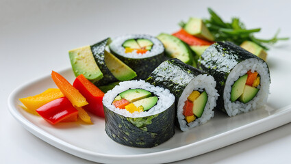 Close up of vegetable sushi rolls with avocado and bell peppers on a white plate surface