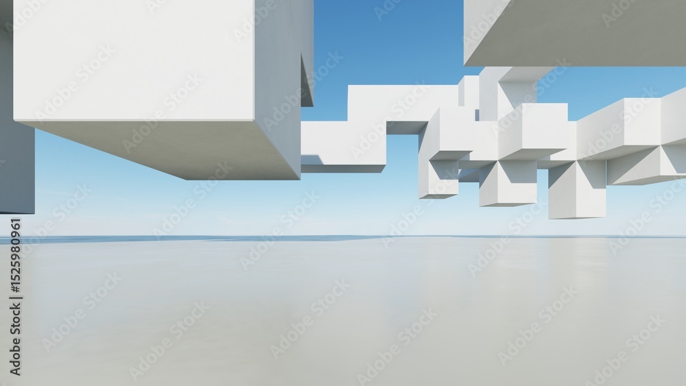 Poster 3d illustration of abstract modern architecture background, Minimal geometry architectural design, Car presentation backdrop with empty concrete floor, Geometric white blocks building design