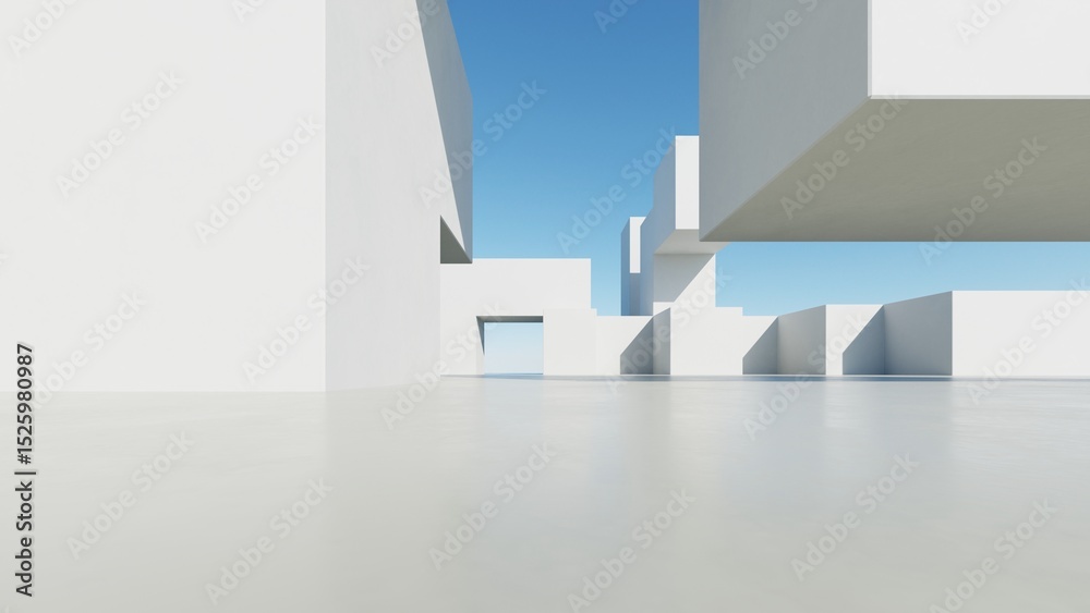 Poster 3d illustration of abstract modern architecture background, Minimal geometry architectural design, Car presentation backdrop with empty concrete floor, Geometric white blocks building design