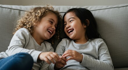Happy Young Girls Laughing on Gray Couch Friendship and Joy