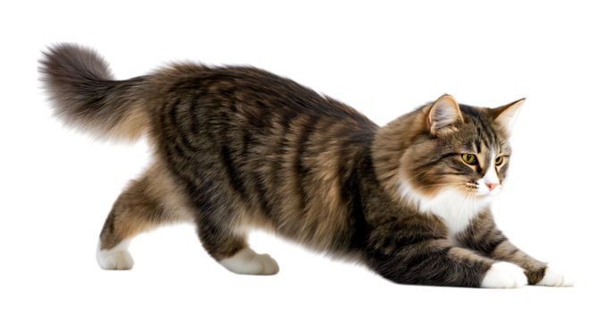 cute playful Big Cat stretching and playing isolated on a transparent  background