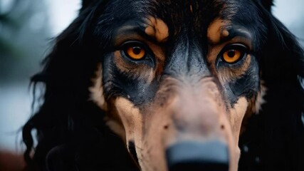 Anthropomorphic wolf-human hybrid creature with long black wavy hair and amber eyes set against a misty forest background. - Powered by Adobe