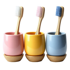 Three Pastel Ceramic Toothbrush Holders with Bamboo Toothbrushes Bathroom Decor