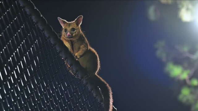 Brushtail Possum on Fence at Night under Streetlight in Australia