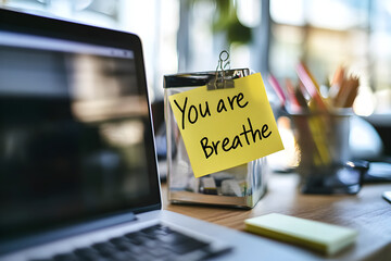 Notes like "You are enough" or "Breathe" stuck on a laptop. Mental awareness theme