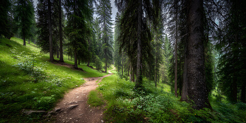 Fototapeta premium Serene Forest Hiking Trail Amidst Lush Greenery