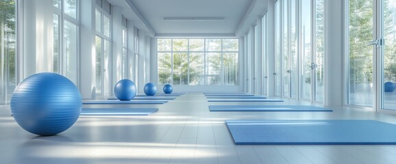 Bright and spacious yoga studio with exercise balls and mats arranged for a class
