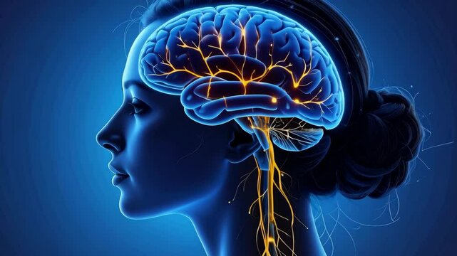 Human anatomy illustration of the brain with glowing neurons, neurological system illustration on a woman, brain health, nervous system