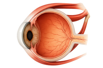 Cross section of human eye anatomy showing sclera, iris, pupil, cornea, retina, vitreous humor, optic nerve and extraocular muscles on transparent background