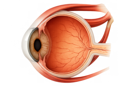 Cross section of human eye anatomy showing sclera, iris, pupil, cornea, retina, vitreous humor, optic nerve and extraocular muscles on transparent background